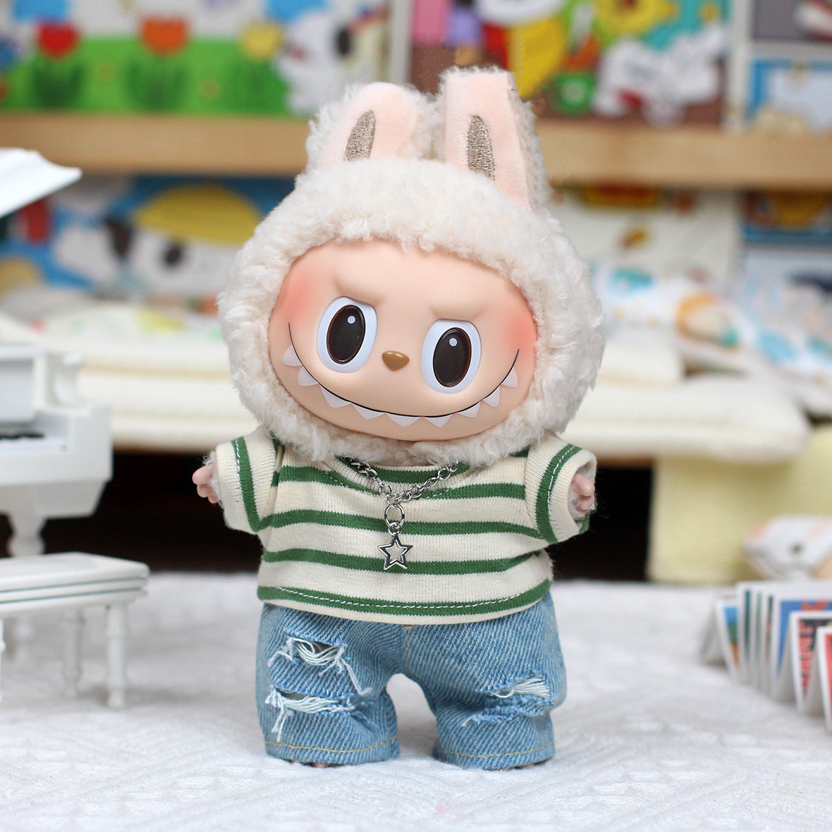 Clothing Only For Labubu Doll Striped T-Shirt Three-Piece Set (Green) 17CM Labubu Doll Clothes (Doll Not Included) Doll Accessories - Tophatter Daily Deals